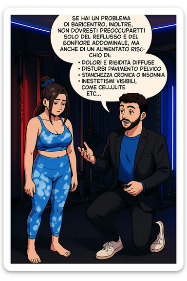 TRASFORMA QUESTO CAROSELLO IN UN FUMETTO STILE WEBTOON/MANGA A COLORI CON QUESTE DUE PERSONE IDENTICHE CHE INTERLOQUISCONO TRA LORO, L'uomo sta spiegando alla donna questo concetto:

Se hai un problema di baricentro, inoltre, non dovresti preoccuparti solo del reflusso e del gonfiore addominale, ma anche di un aumentato rischio di:
    • dolori e rigidità diffuse
    • disturbi pavimento pelvico
    • stanchezza cronica o insonnia
    • inestetismi visibili, come celluluite
    • etc… sticker