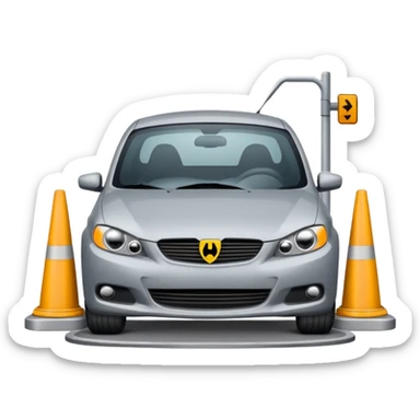 car crashed to a trafic barrier barrier in front of car and car front panel broken sticker