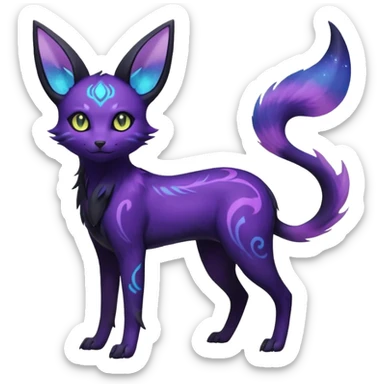 Rare realistic purple indigo violet nebulae shiny sparkly dark-neon glowing bioluminescent edgy badass epic pretty beautiful handsome gorgeous aesthetic colorful vibrant Vernid-Trico-Umbreon-Espeon-species-Fakemon-creature by LiLaiRa, 4 legs, 1 tail, random markings, (full body) sticker