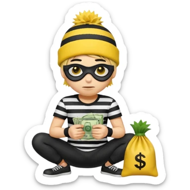 An Apple style rubber emoji is wearing a black beanie and has yellow hair that is spiky but flat hanging out from under it and the robber is wearing a striped shirt and has yellow skin and black eye mask. He also has the money back over his shoulder and is sort of crouching. sticker