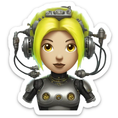 Fat Caucasian female cyborg head with Neon yellow bobbed hair, silver steampunk goggles and circuits sticker