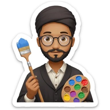 generate an ios genmoji of a 20 year old tan indian boy with rounded spectacles and a AMISH beard, carrying a paintbrush and palette sticker