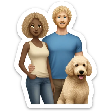 Biracial male with curly short Afro holding a beige golden doodle standing next to a Caucasian blonde hair lady with blue eyes  sticker
