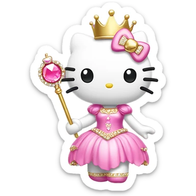 Hello Kitty wearing a pink princess dress with a gold magic wand in her hand and a gold tiara on her head with pink stones sticker