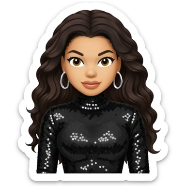 Jordin Sparks with long dark brown hair, black sequin outfit sticker