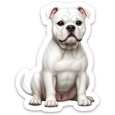 cinematic-[solid white american bulldog]-realistic-full-body-sitting-emoji,-tail-resting-loosely-beside-its-paws,-head-tilted-dramatically,-sleek-[solid white]-fur,-simplified-yet-realistic-focused-features,-highly-detailed,-glowing-with-an-almost-sarcastic-glow sticker