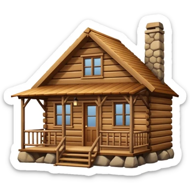 A rustic wooden cabin with horizontal log-style siding and a small front porch enclosed by crossed wooden railings. The cabin has a simple rectangular shape, a sloped roof, and warm brown wood tones throughout. sticker