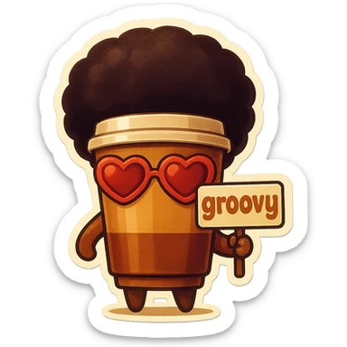 Tall coffee cup, no mouth, afro, heart glasses, holding sign "groovy" sticker