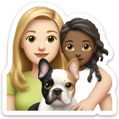 white human Mom with light brown hair and green eyes, white human daughter with light brown hair and blue eyes, and one white French bulldog with black  sticker