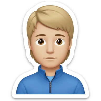 boy with dark blonde hair in a mullet with a neat blue shirt and quarter zip sticker