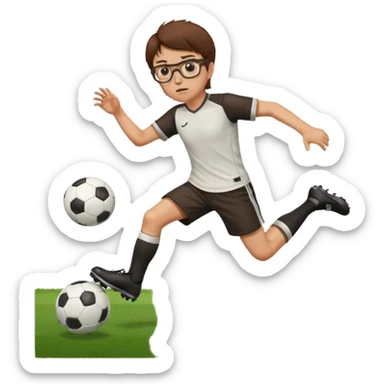 Fat sad guy with brown hair and glasses kicking a ball sticker