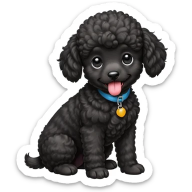 A high-resolution square-format digital illustration of a black poodle puppy in a clean, emoji-inspired semi-realistic style. The poodle is shown from the chest up, facing forward with a slight tilt of the head to the left, tongue out playfully. sticker