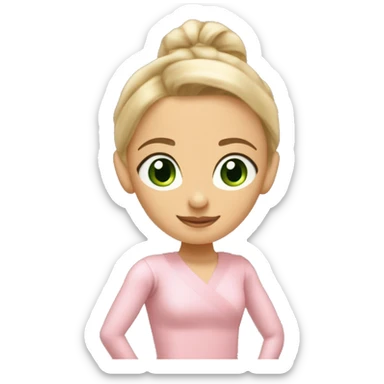 Blonde green eyed girl in a pink Pilates outfit with a beige ballet wrap Cardigain around. Medium tanned. And hair in a ponytail sticker