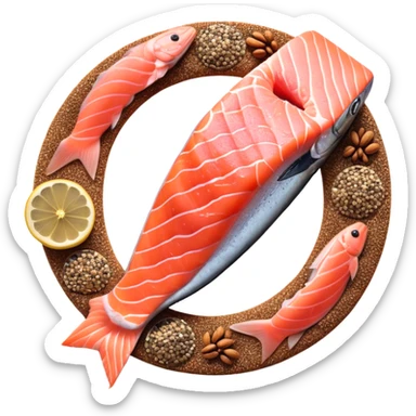 Floating arrangement of omega-3 rich foods: fresh salmon fillets, walnuts, flaxseeds, chia seeds and golden omega-3 capsules, all emitting a soft golden glow. The foods orbit around a central shimmering omega symbol, with gentle flowing energy connecting them. sticker