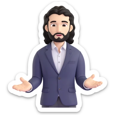 Business strategist man with black wavy hair, stubble, chiseled face, wearing blazer and button-up shirt, standing in front of whiteboard teaching, confident engaging expression sticker
