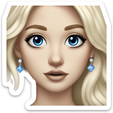 Hyperrealistic pale white girl with blue eyes and long black hair. Wearing gold chain necklace, white diamond stud earrings and has dark eye makeup on her eyes sticker