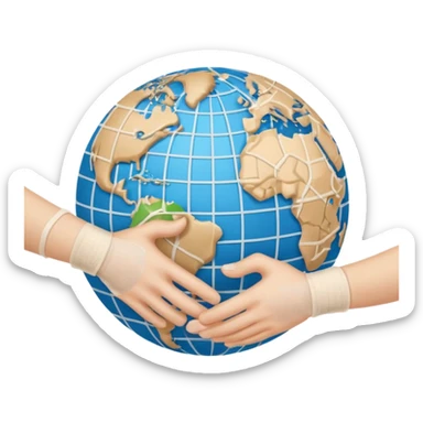 Generate an emoji of two hands shaking in front of a globe. Have the global have a bandage wrapped around it. sticker