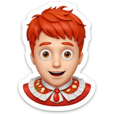 funny theater actor portrait, head and shoulders only, covered in tomato sauce, shocked wide eyes, awkward smile, stage costume collar, 3D cartoon, mobile game icon style, clean background, no text, no watermark
 sticker