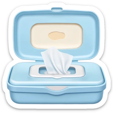 soft rectangular pack of baby wipes, slightly puffed, semi-open plastic lid on top, a single white wipe slightly pulled out, pastel-colored light blue pink or green, no branding or extra design, soft lighting, subtle shadows, emoji scale sticker