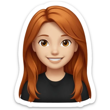 Medium copper long hair  girl  with dark brown eyes wearing a black tee sticker