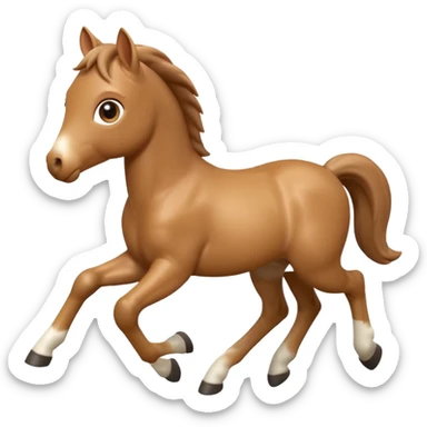 3D Apple-style emoji of a running foal. Small young horse with light brown body, short mane, big eyes, rounded and glossy, smooth shading, white background.

 sticker
