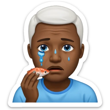 Man crying eating fish. make tears blue color sticker