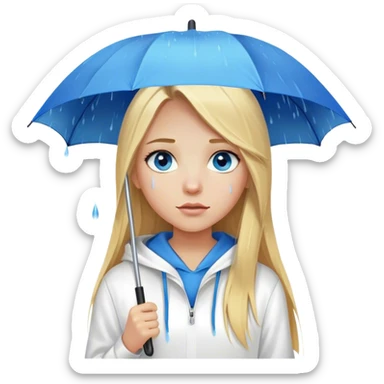Cinematic realistic emojis in the form of a blonde girl with long hair, blue eyes and a straight nose, wearing a white hoodie, holding an umbrella above her, on which rain is dripping sticker