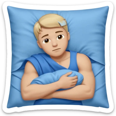 A young muscular male with short dark-blonde hair, medium-light skin, and a neutral expression, dressed in blue cloth. He lies on his side, arms around a soft white pillow, with his head on a smooth blue pillow. A flowing blue blanket covers him in silky folds. sticker