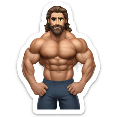 muscled hairy bodybuilder brown hair beard,enormous pecs and enormous biceps, long wavy hair in a man bun, with dark brown eyes, and tanned skin, full body from head to toes picture, flexin both biceps, hairy body, wearing, bodybuilding posing swimsuit sticker