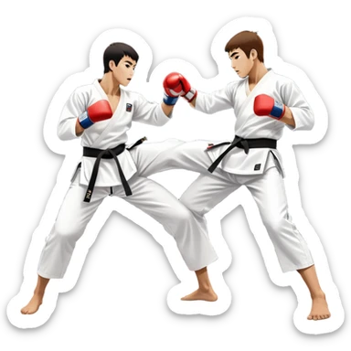 Two taekwondo fighters in traditional white doboks with black belts. One delivers a powerful kick, while the other defends by blocking with his knee. The background shows a professional arena with bright lights and an excited crowd. Transparent background highlights the intense action sticker