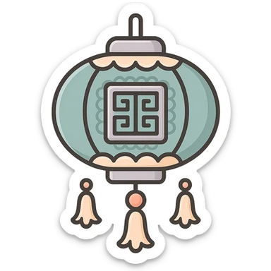 Chinese lantern like the reference with traditional Chinese pattern and decorative pendants, in icon-color-outlined style. Not minimalist, no floral decor, detailed shadows and highlights, thin clean contours, soft rounded shapes, pastel palette #98B5BC, #B5B3C1, #C9A3C9, #E4C0CA, #F7DCD1, #F7C0AA. Modern Japanese pop art and sticker aesthetics, high detail, vector sharpness, soft lighting, transparent background. sticker