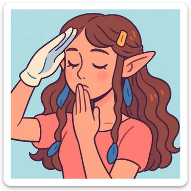 soft pastel digital portrait of a young woman with long wavy brown hair, golden clips, blue ribbons, textured light blue background, pointy ears, closed eyes, gentle blush, subtle glow, right hand in white glove raised in military salute, serene contemplative expression, gentle touch to lips emphasizing intimacy and vulnerability sticker