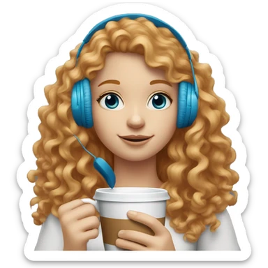 strawberry blonde girl with curly hair and blue eyes sipping coffee with headphones on  sticker