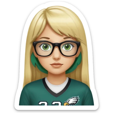 long blonde hair with bangs black rectangle glasses female green eyes football player wearing eagles jersey number 33 sticker