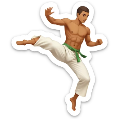 A Brazilian man as a capoeira fighter in mid-air performing a spinning kick, with Brazilian features, tan skin tone, wearing traditional white capoeira pants and a cord, vibrant and flowing pose, surrounded by motion swirls sticker