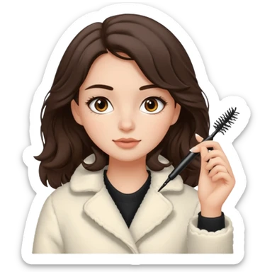 Garota branca de cabelos levemente ondulados castanhos escuros médio aplicando máscara de cílios, ela veste casaco off white estilo cozy sticker