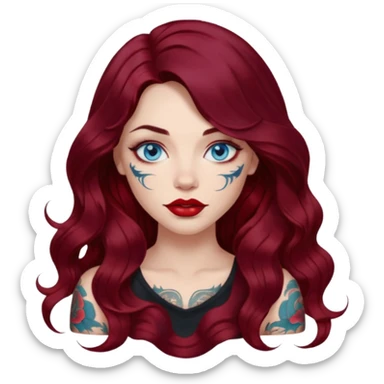 Realistic Female long wavy dark burgundy hair, blue eyes, large red lips, tattoos, artist sticker
