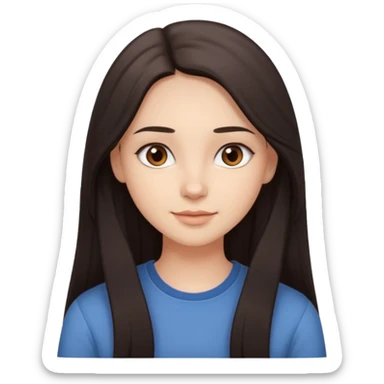 Create an Apple-style emoji of a young woman with long dark hair, brown eyes, natural look, smooth skin, soft shading, simple outfit, cute and friendly expression. sticker