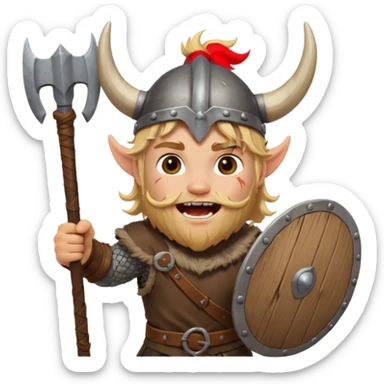 A young Viking warrior with messy hair painted cheeks, wooden shield, and fierce excited grin with horned helmet sticker
