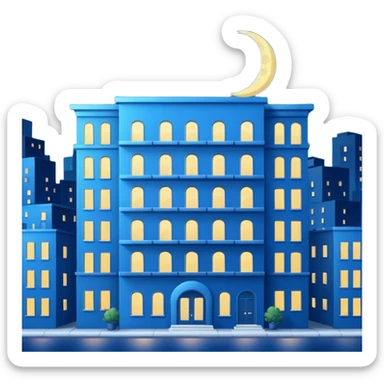 blue apartment building at night with a crescent moon sticker