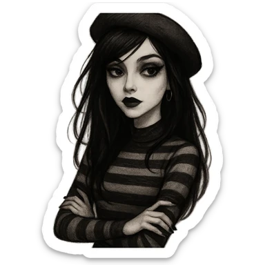 emo girl with heart-shaped face, beret, striped sweater, mysterious and elegant sticker