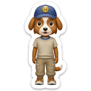 a dog with cap and t-shirt and pants and shoes sticker