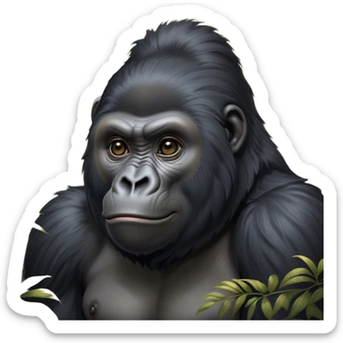 Cinematic Cute mountain Gorilla Portrait Emoji, Head tilted playfully and inquisitively, with a robust build accented by a striking black and grey mane and round, sparkling eyes full of gentle charm, Simplified yet irresistibly adorable features, highly detailed, glowing with a warm, friendly jungle glow, high shine, affectionate and lively, stylized with a touch of endearing primate whimsy, soft glowing outline, capturing the essence of a mischievous yet loving mountain that feels like it could lumber out of the screen into your arms! sticker