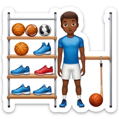 a person standing next to a shelf where sports equipment is placed sticker