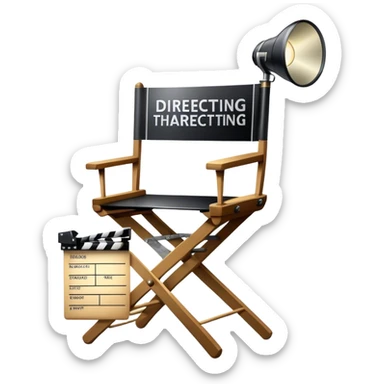 Icon for Directing: a director's chair, a film script, a clapperboard and a spotlight. The icon should represent the creative and technical aspects of directing in theater and film, with focus on storytelling and leadership. Transparent background. sticker