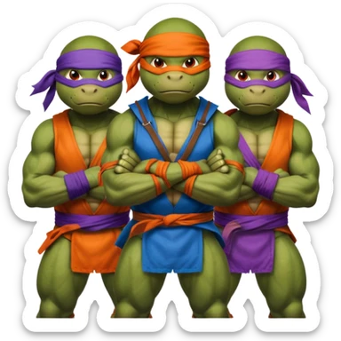Give me a picture of 4 teenage mutant ninja turtles. Make them hold a fighting pose. Their bandana colors should be red, another orange, another purple, another blue. sticker