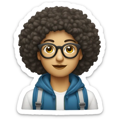 una persona blanca con afro corto y lentes con mochila sticker