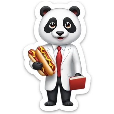 A professor with white suit and red tie and a panda face holding a hotdog and a book sticker