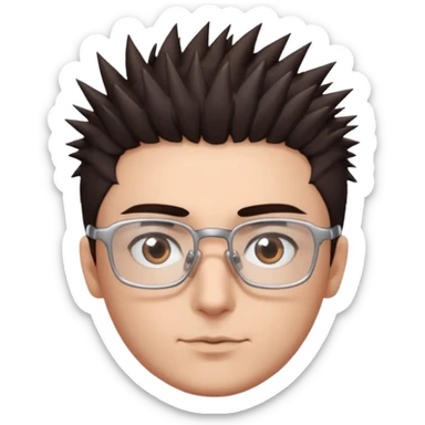 personagem com corte de cabelo espetadinho curto indo até o pescoço, cabelo castanho escuro, olho castanho escuro, sombrancelha castanho escuro, óculos sem aro prata quadrado. rosto fino sticker