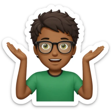 Garçon brun avec des cheveux ondulés courts, peu un peu claire, des yeux verts foncés, un t shirt noir et des lunettes rectangulaires transparentes qui est fou sticker